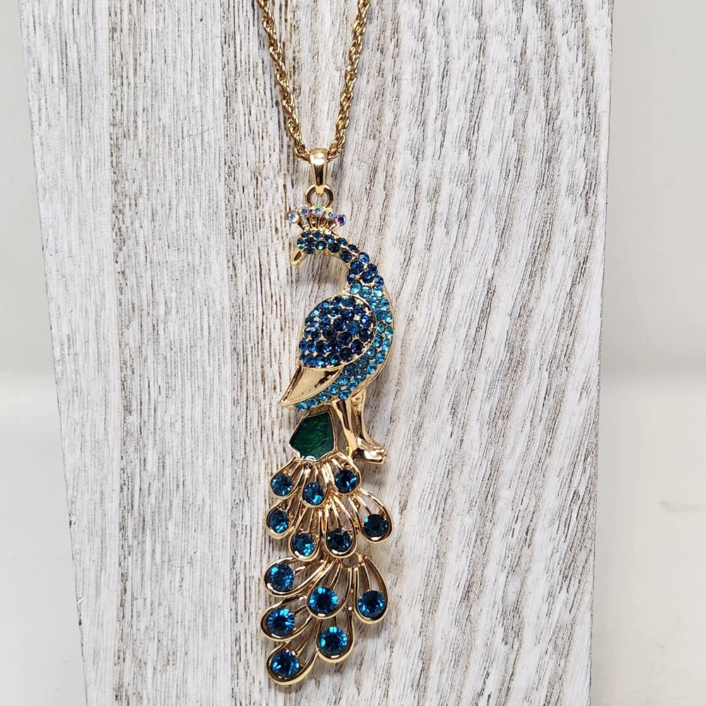 Blue Rhinestone Gold Tone Large Peacock Pendant Chain Necklace Statement Bird